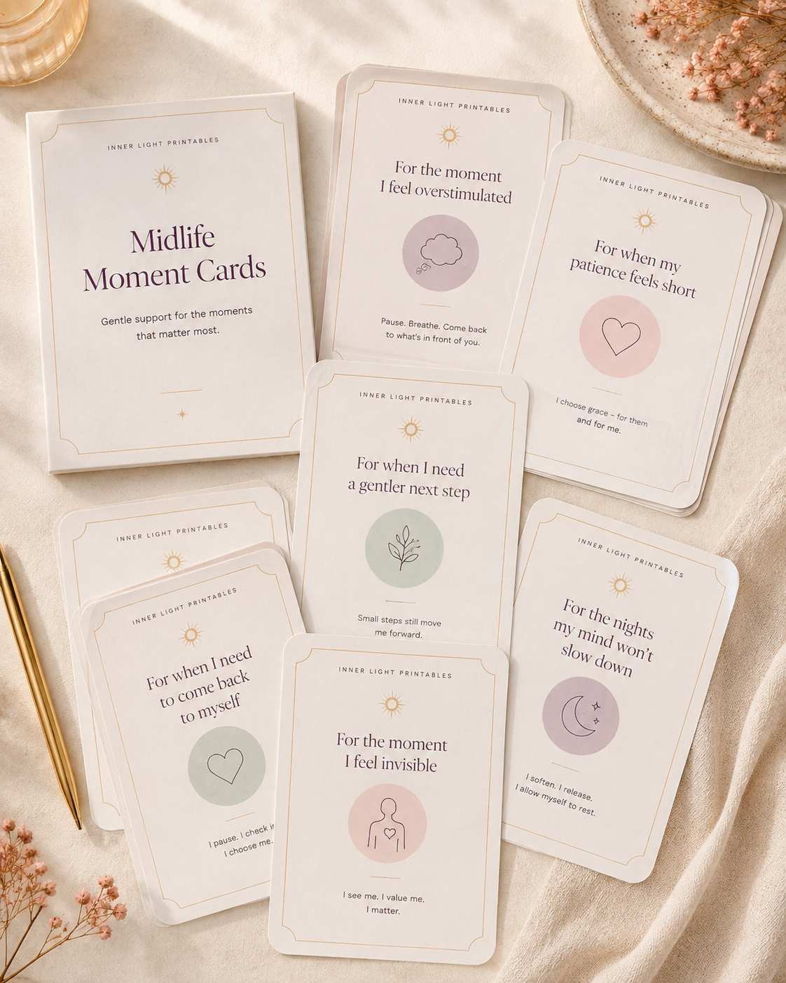 Printable Midlife Moment Cards fanned out on linen with gentle prompts