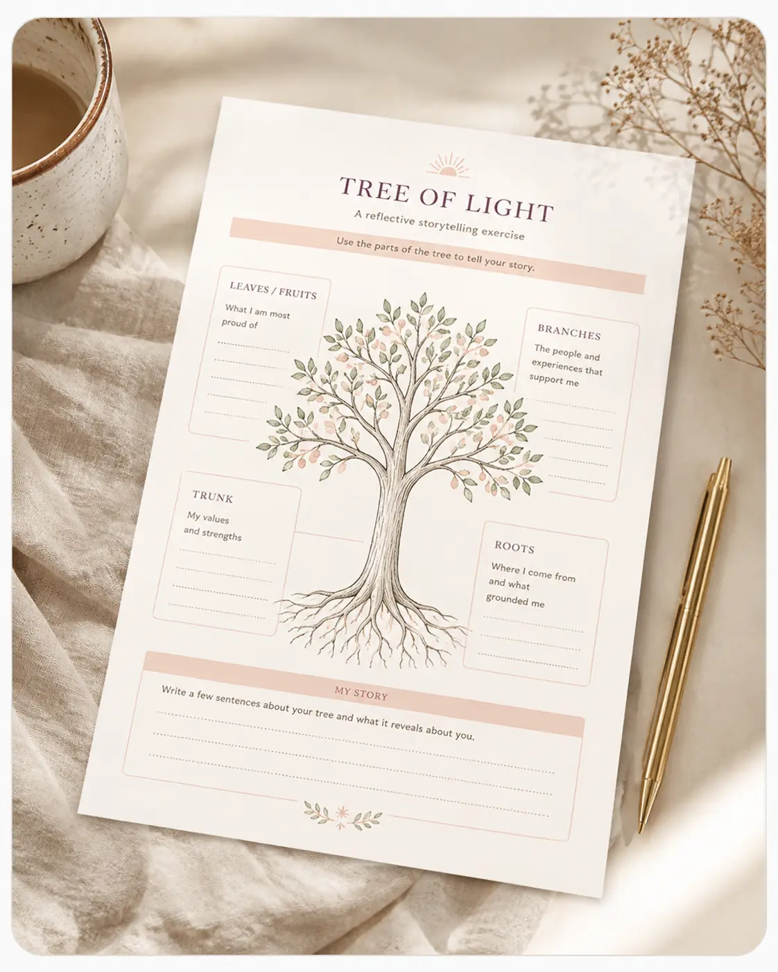 Tree of Light reflective storytelling exercise page with roots, trunk, branches and leaves
