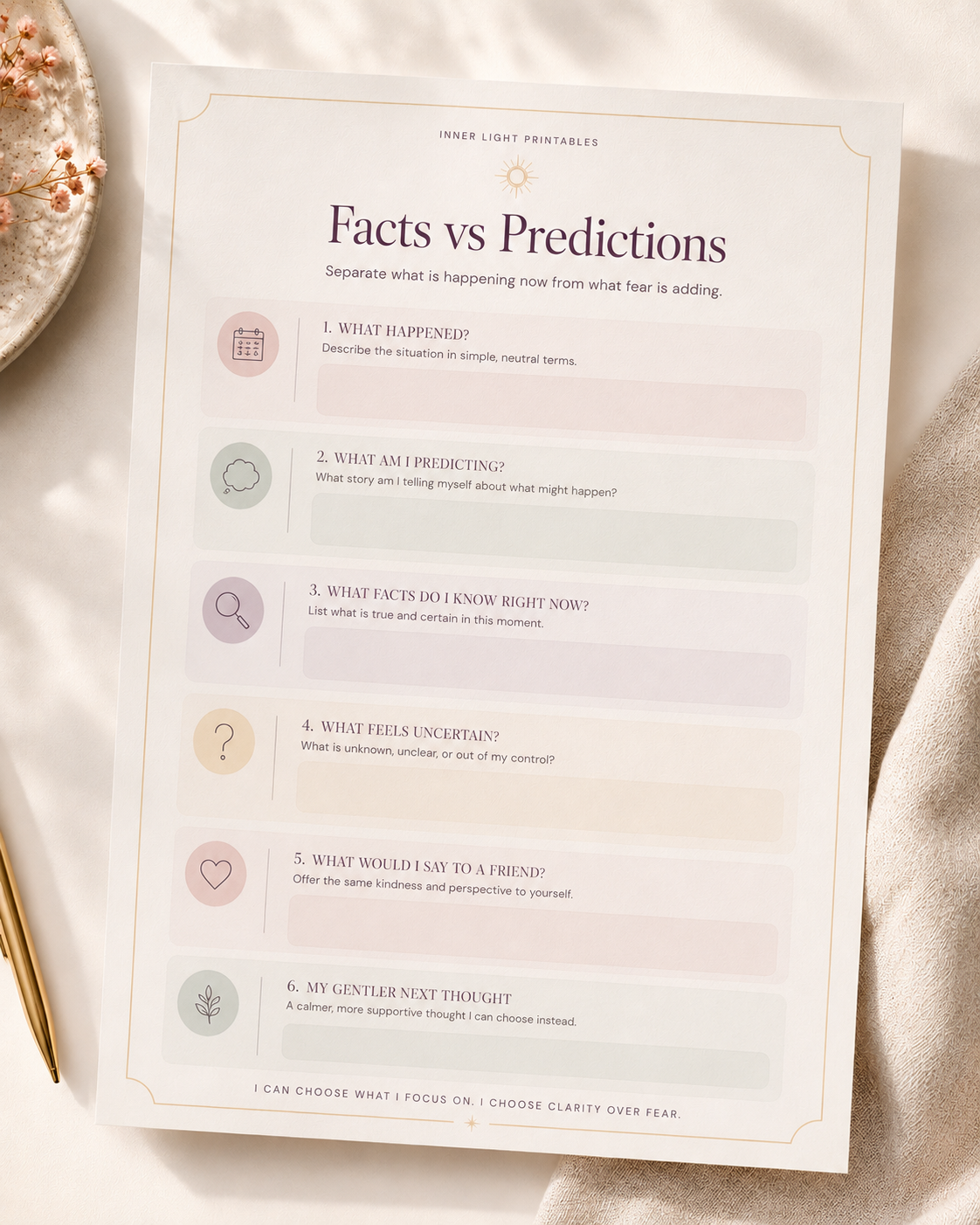 Facts vs Predictions worksheet separating what happened from what fear is adding