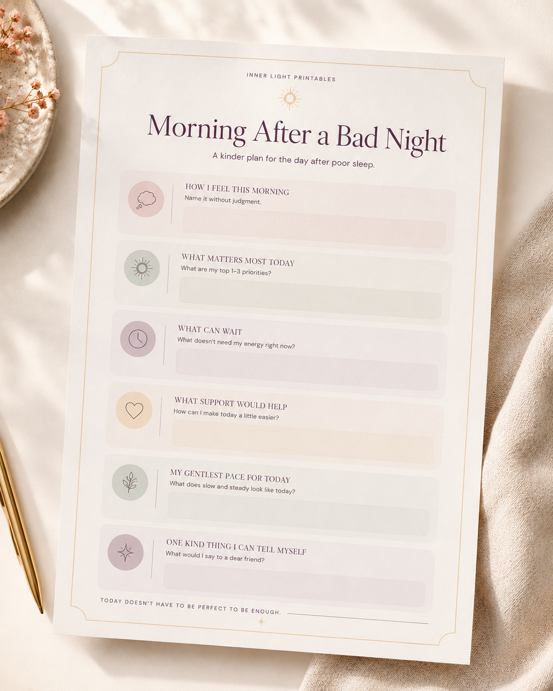 Morning After a Bad Night printable with a kinder plan for the day after poor sleep