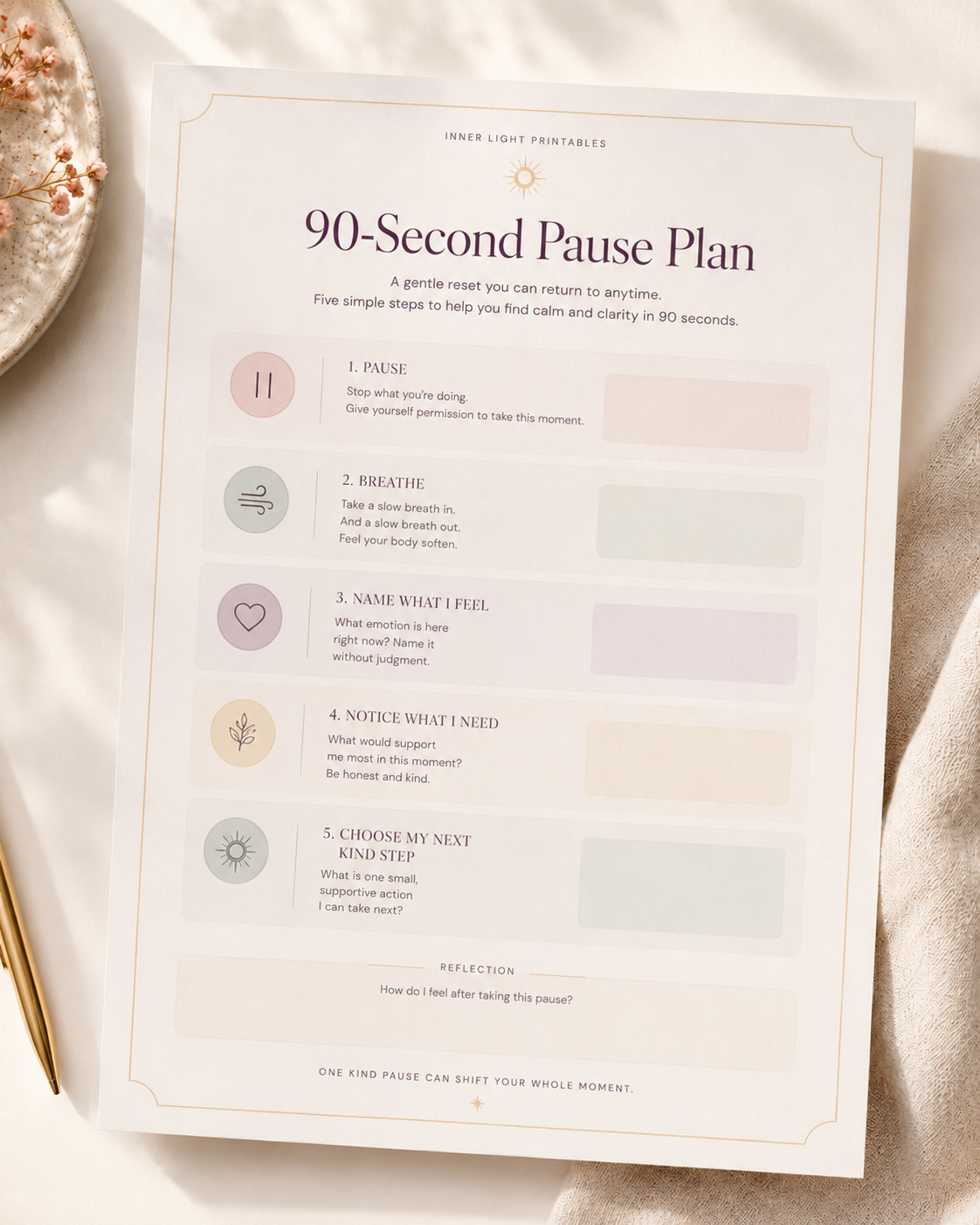 90-Second Pause Plan printable with five steps to pause, breathe and choose a next kind step