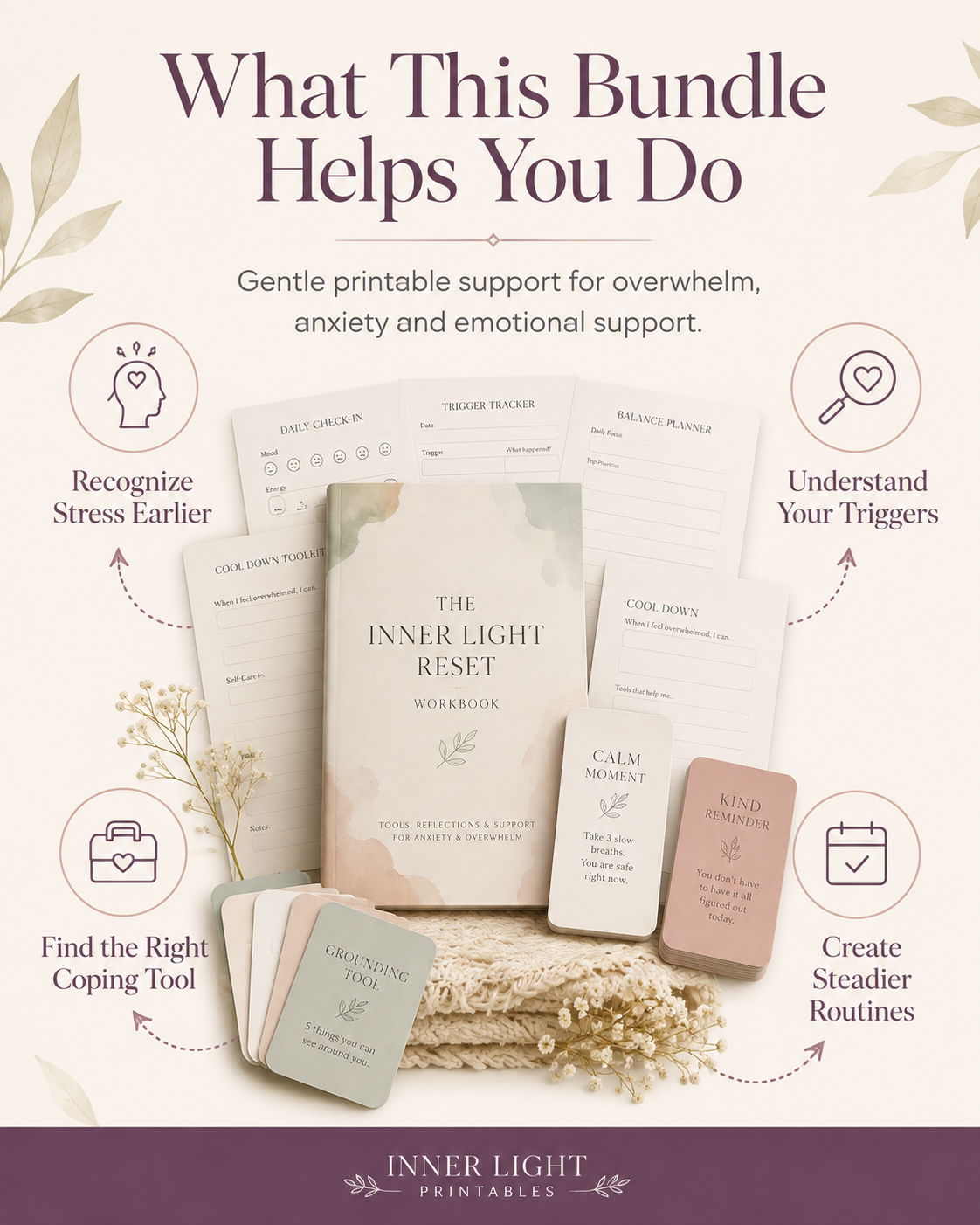 What this bundle helps you do: recognize stress earlier, understand your triggers, find the right coping tool, create steadier routines