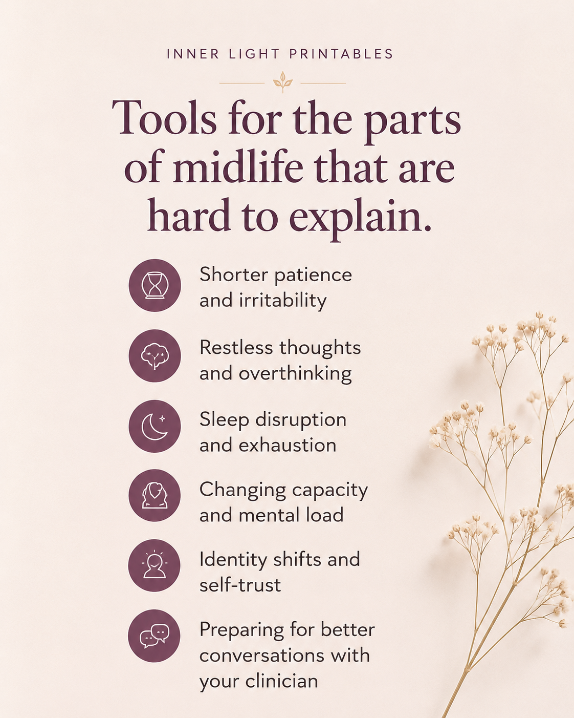 Tools for the parts of midlife that are hard to explain: irritability, overthinking, sleep disruption, capacity, identity shifts and clinician conversations