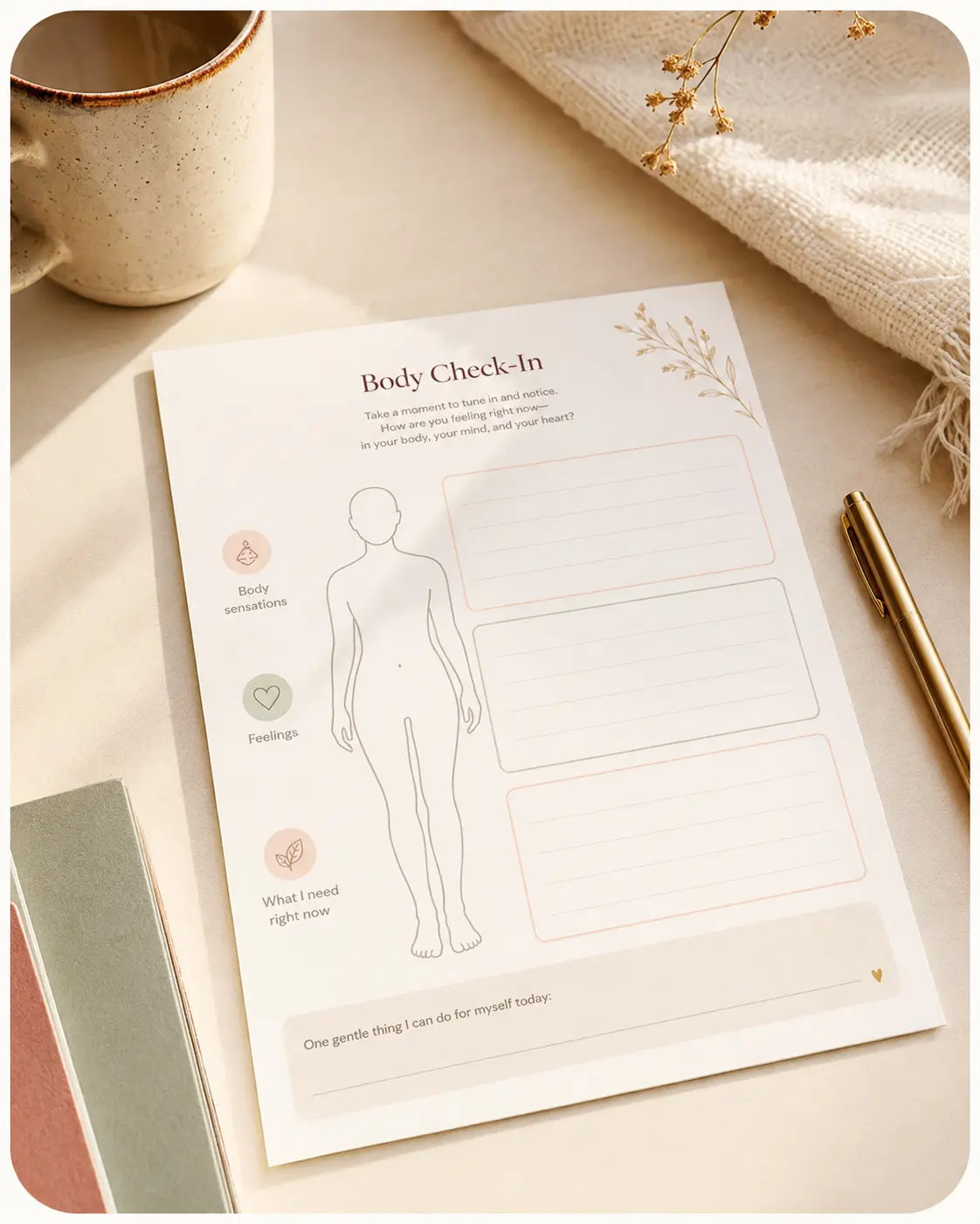 Printable body check-in page with a body outline and space for sensations, feelings and needs