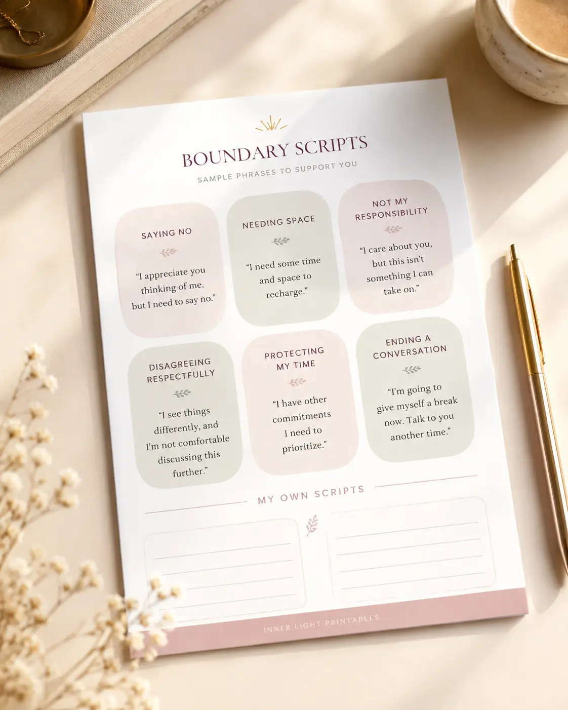 Boundary scripts printable with ready-to-use phrases for saying no, needing space and protecting your time