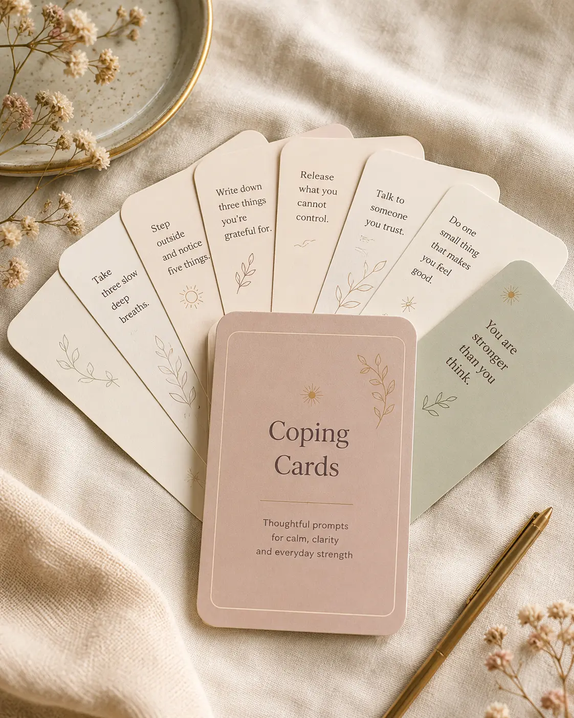Fanned printable coping cards with thoughtful prompts for calm, clarity and everyday strength