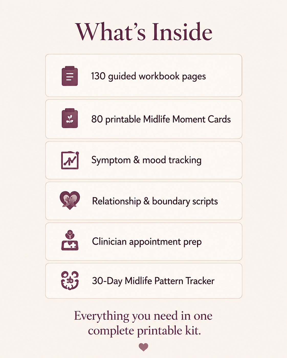 What's inside: 130 guided workbook pages, 80 Midlife Moment Cards, symptom and mood tracking, boundary scripts, appointment prep and a 30-day pattern tracker