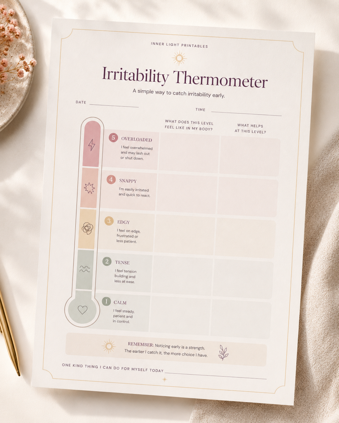 Irritability Thermometer worksheet with five levels from calm to overloaded