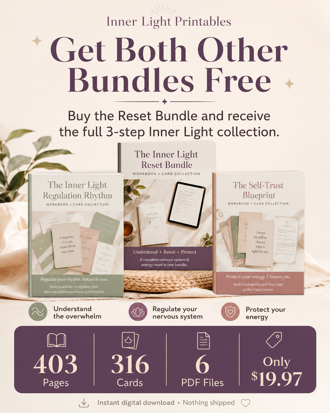 Buy the Reset Bundle and get both other Inner Light bundles free — 403 pages, 316 cards, 6 PDF files for $19.97