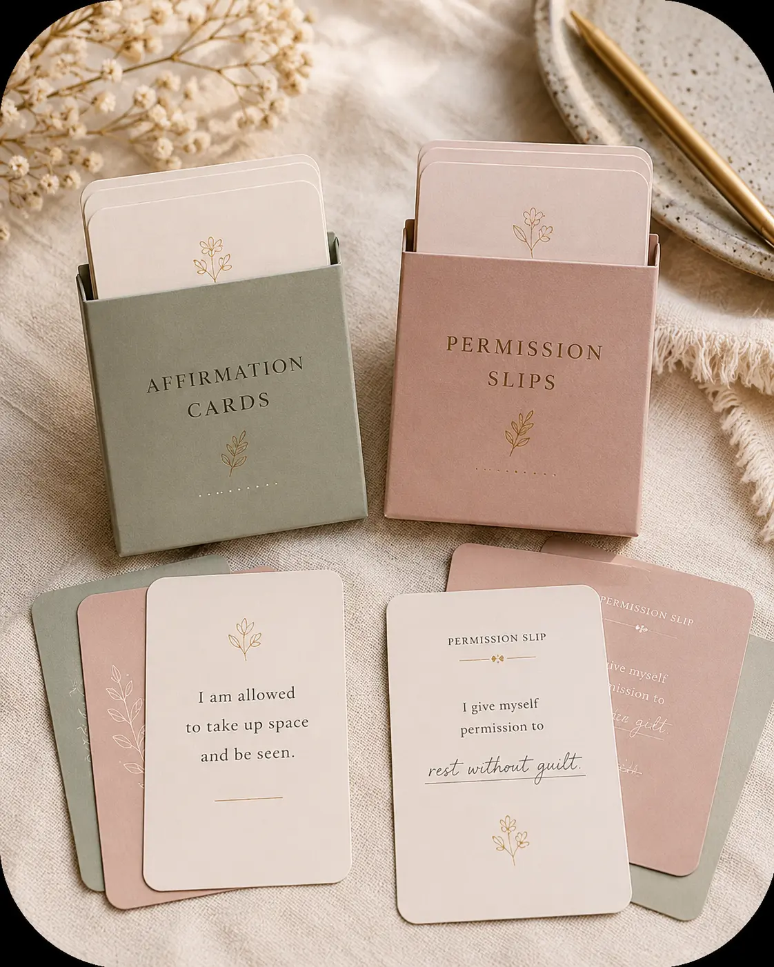 Printable affirmation cards in sage boxes and permission slips in rose boxes on linen