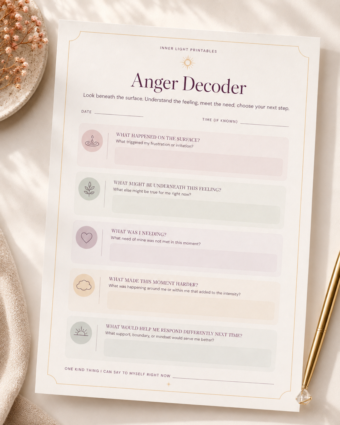Anger Decoder worksheet with prompts to look beneath the surface of frustration