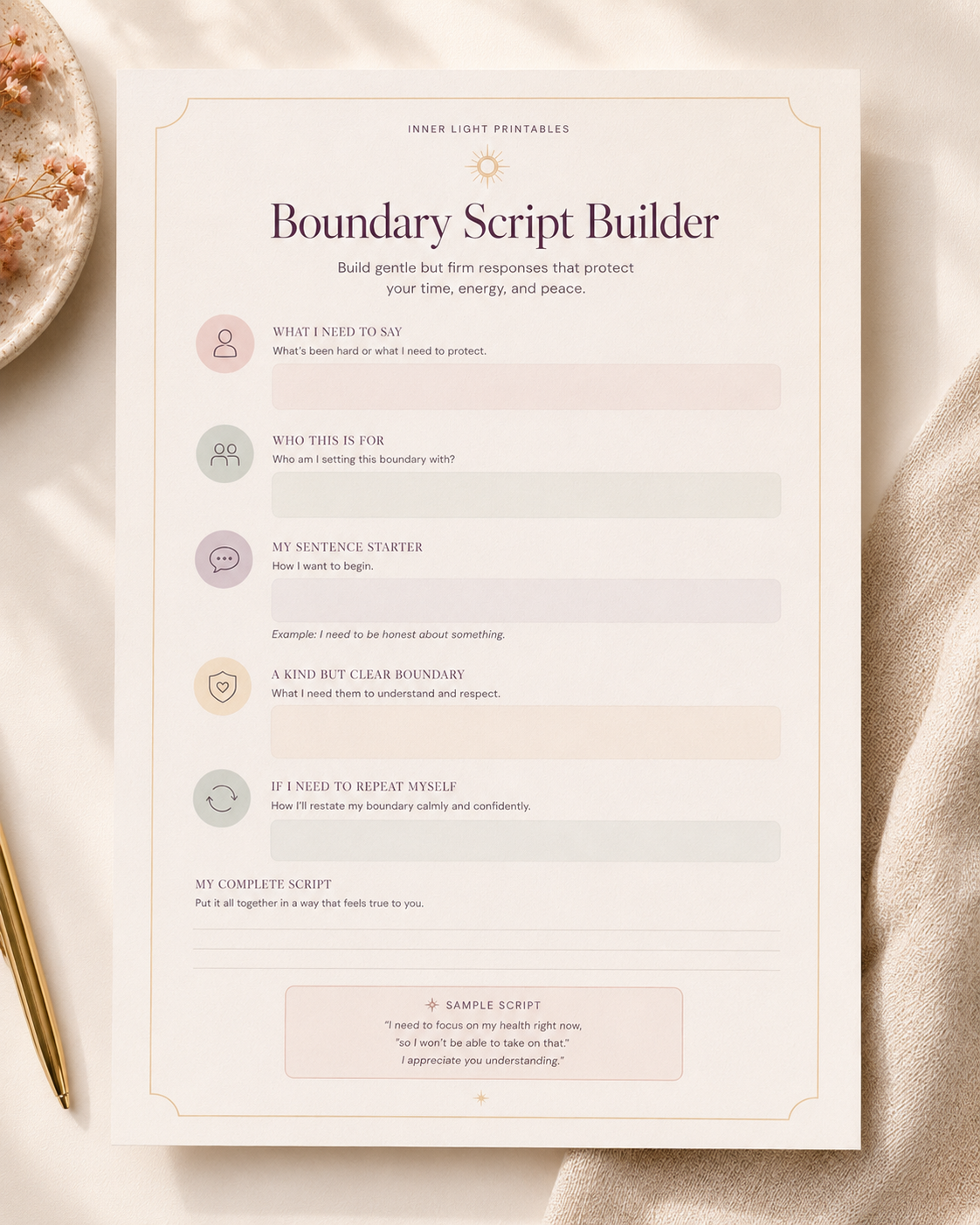 Boundary Script Builder printable with prompts for building kind but clear responses