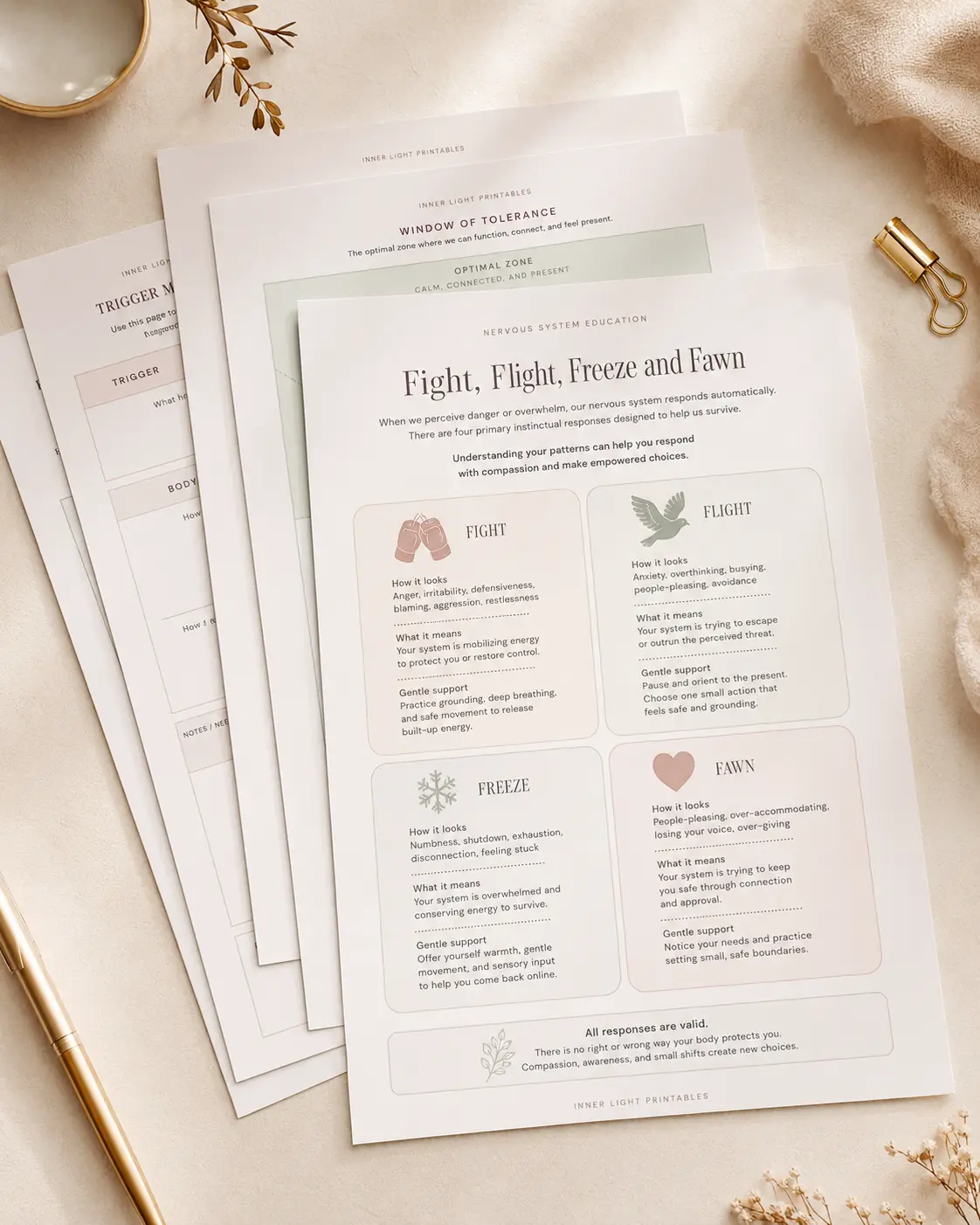 Nervous-system education page explaining fight, flight, freeze and fawn responses