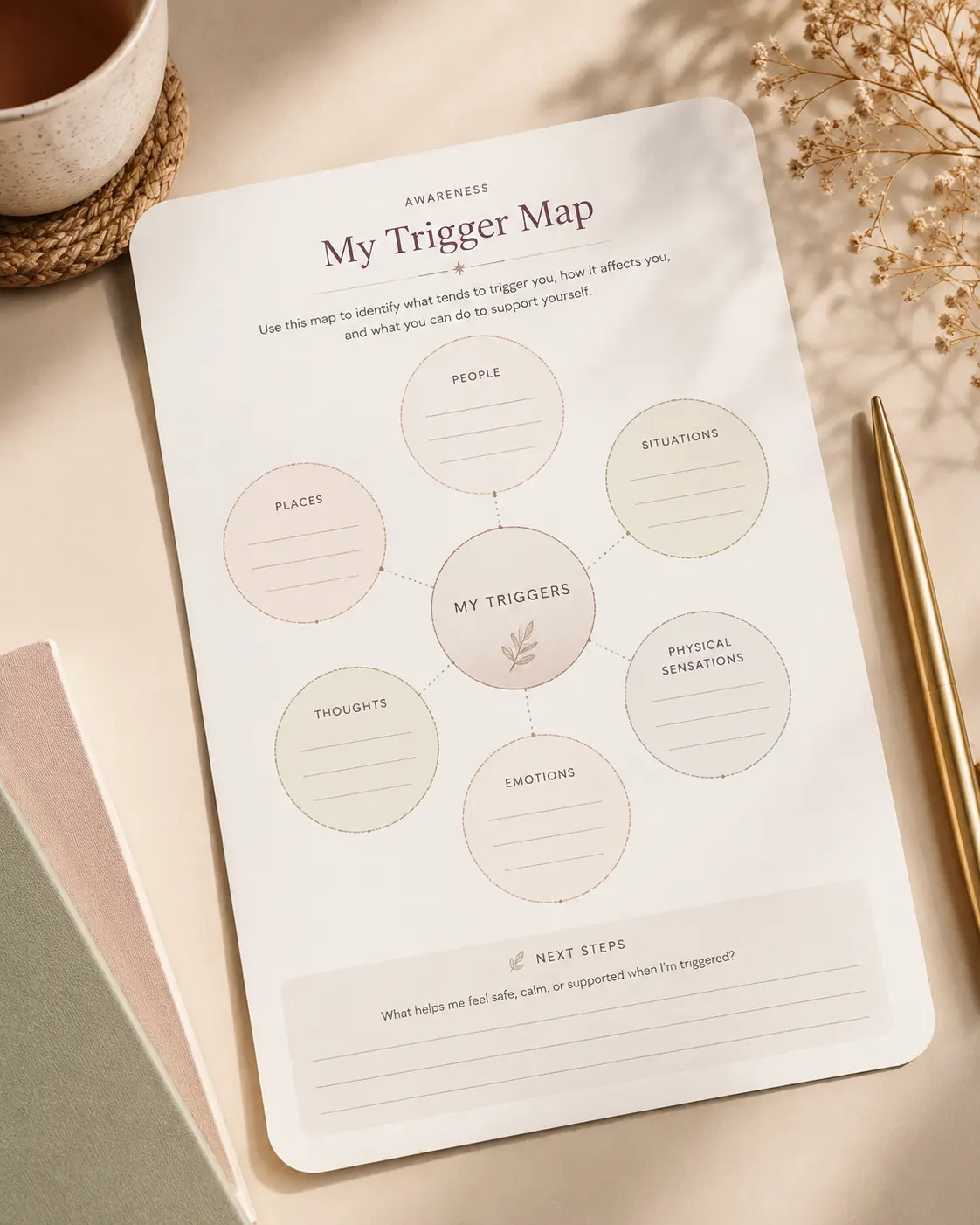 Printable trigger map worksheet mapping people, places, situations, thoughts, emotions and physical sensations