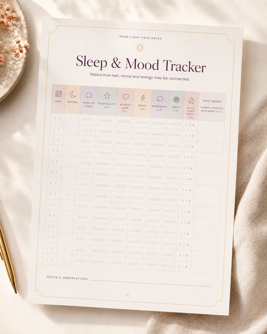 Sleep and Mood Tracker printable grid tracking bedtime, sleep quality, mood, energy and stress