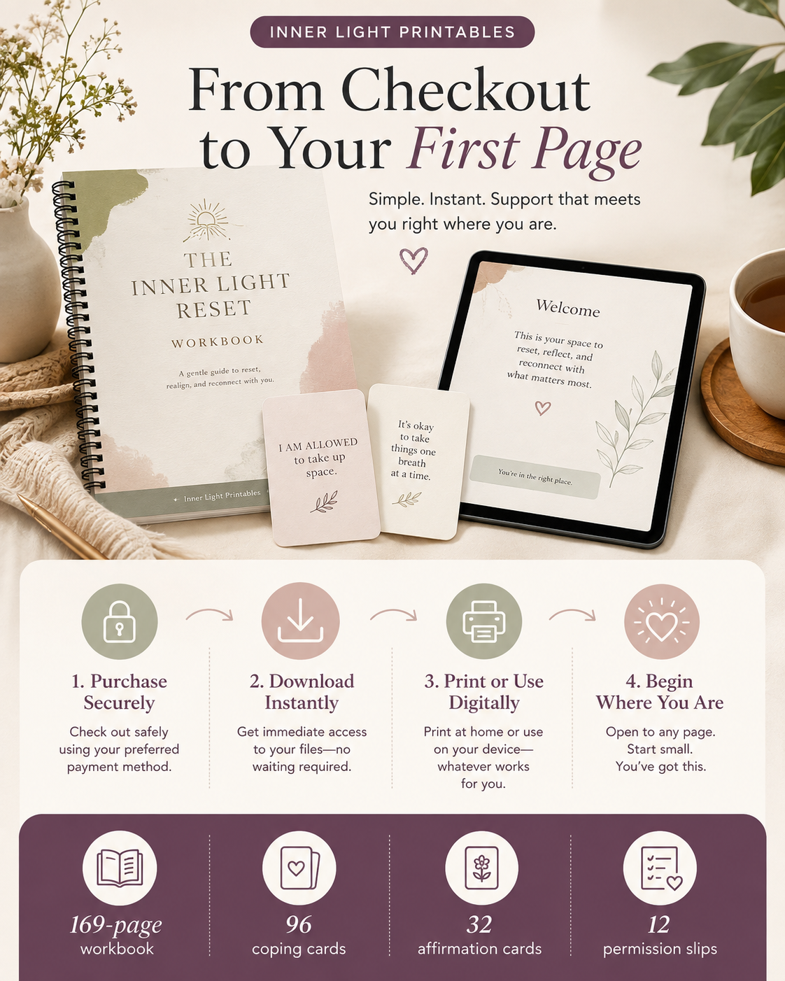 From checkout to your first page: purchase securely, download instantly, print or use digitally, begin where you are