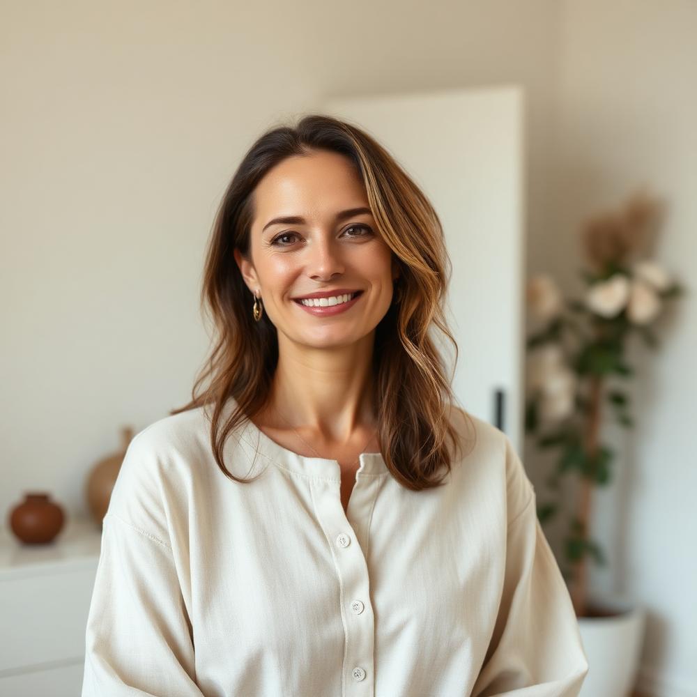 Inner Light Printables founder in a softly lit cream room
