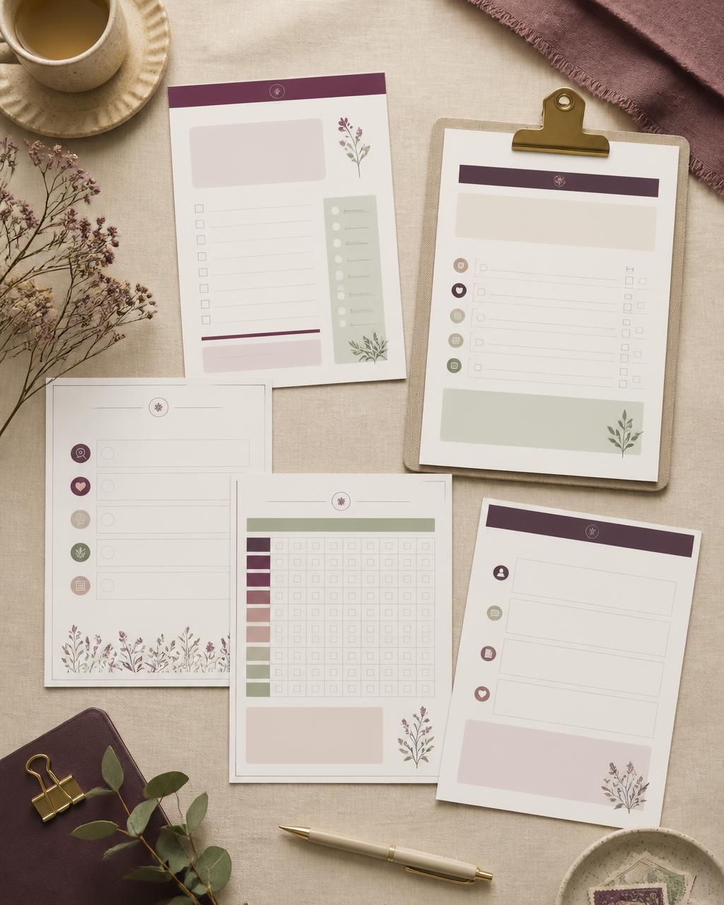 Printed Appointment Prep Pack pages with checklists and trackers on a clipboard