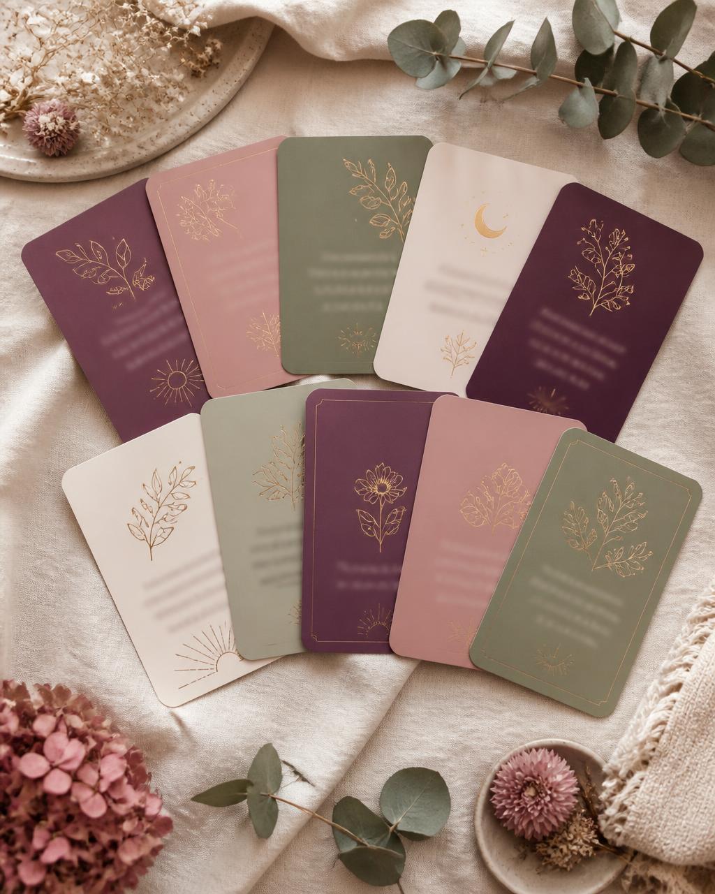 Printable Midlife Moment Cards in plum, rose and sage fanned out on linen
