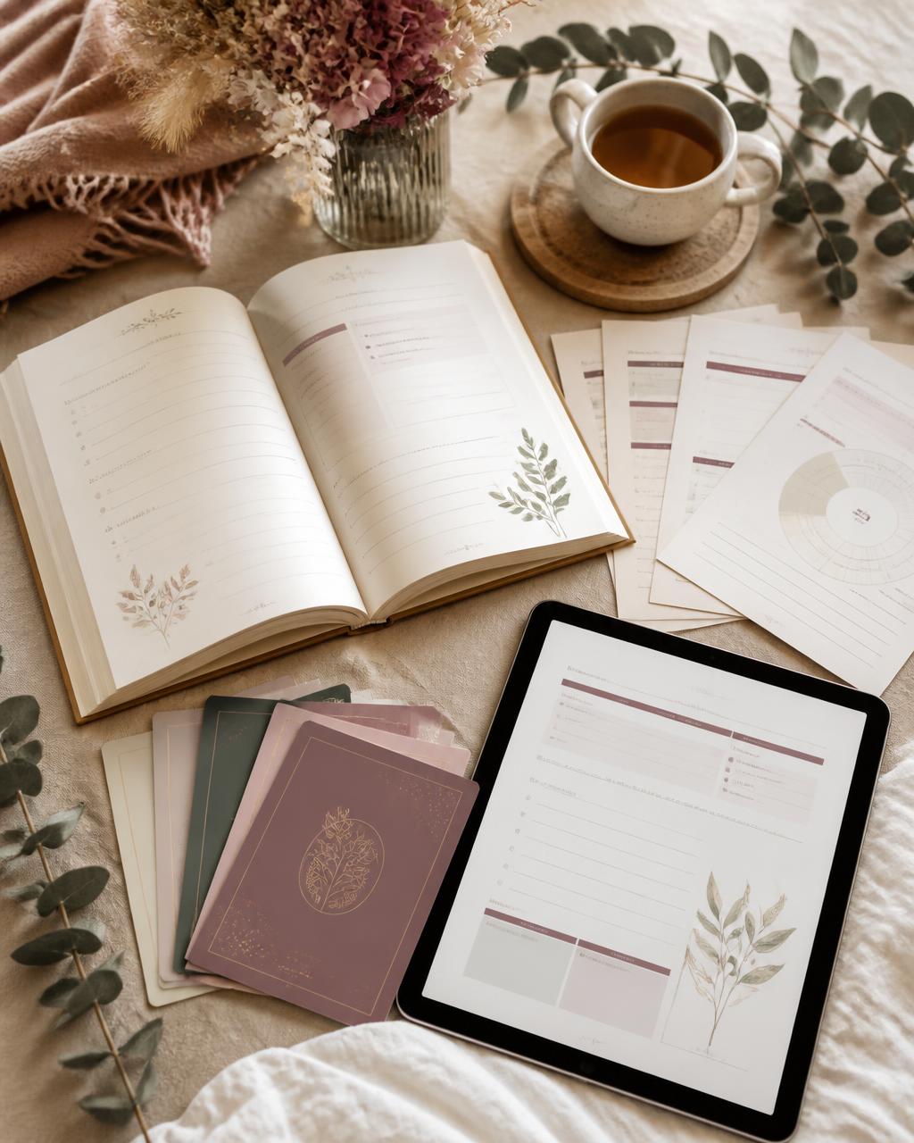 The Perimenopause Calm & Clarity workbook with printed pages and Midlife Moment Cards