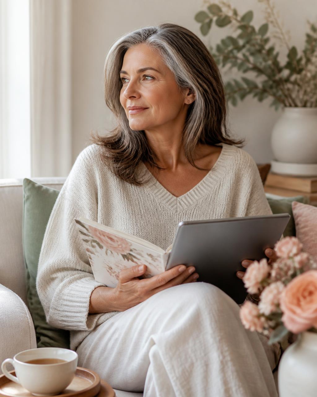 A woman in midlife sitting quietly at home with the workbook and a tablet
