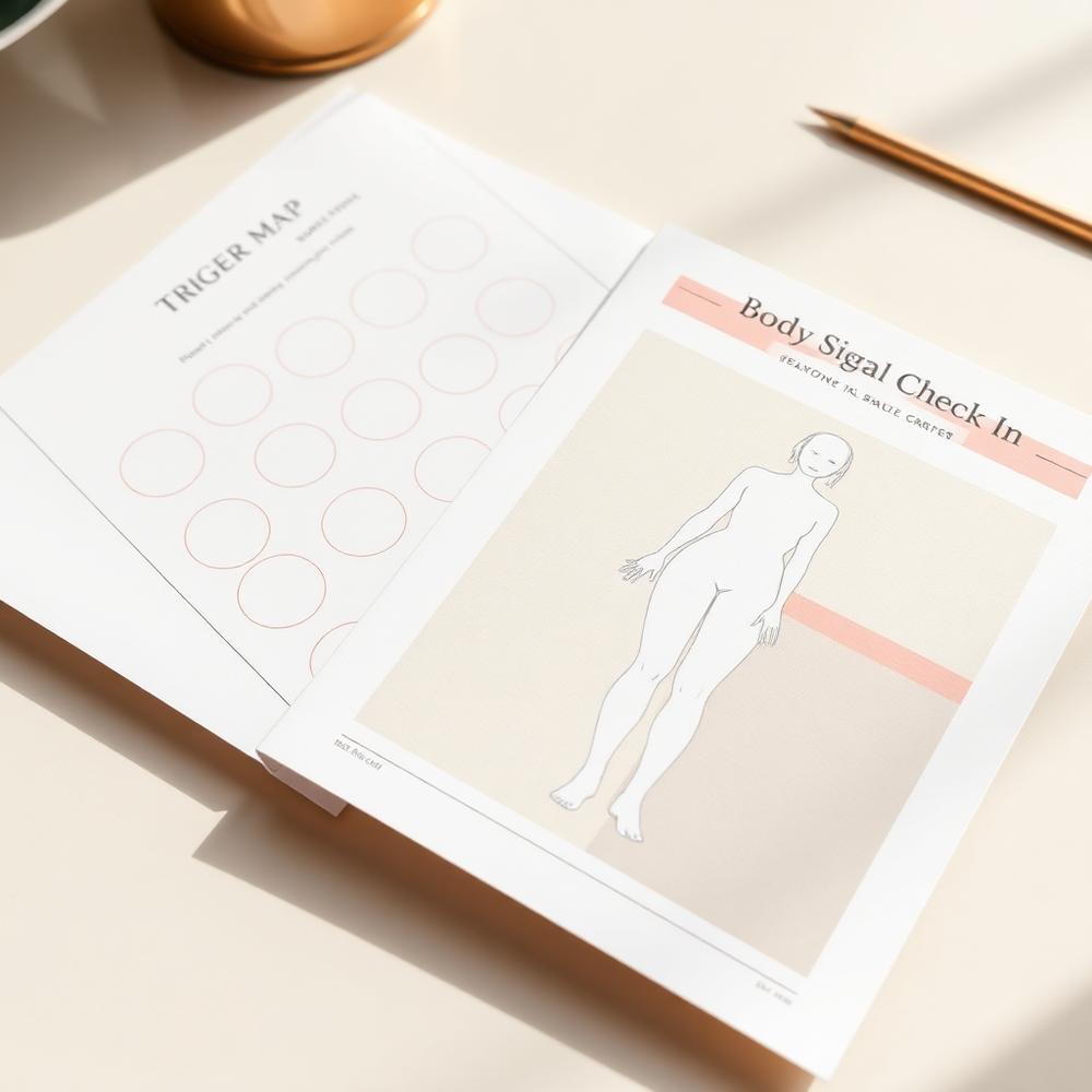 Printed Self-Trust Blueprint worksheets laid out on a cream desk