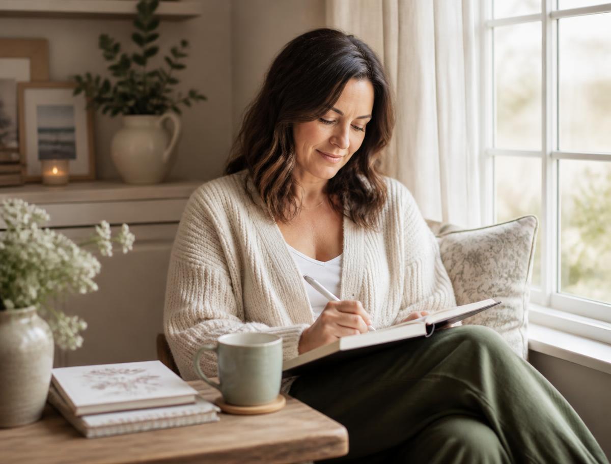 A woman journaling by a sunlit window with a cup of tea