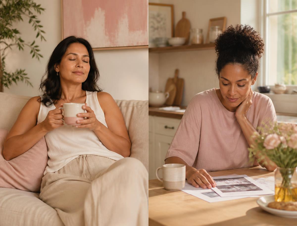 Two women in their thirties and fifties taking quiet moments at home, one resting with a mug and one reading printed pages at a kitchen table